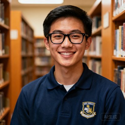 一位戴着黑框眼镜的男大学生面带微笑的半身肖像照，身穿印有校徽的深蓝色POLO衫，背景是校园图书馆的暖色调书架